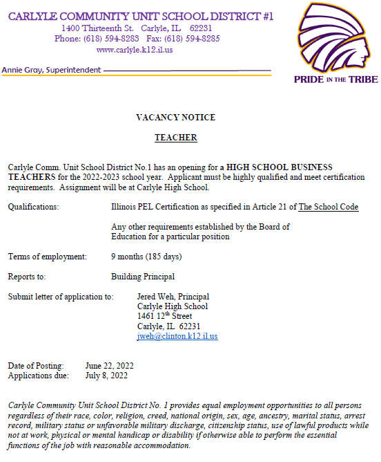HS Business Teacher Vac